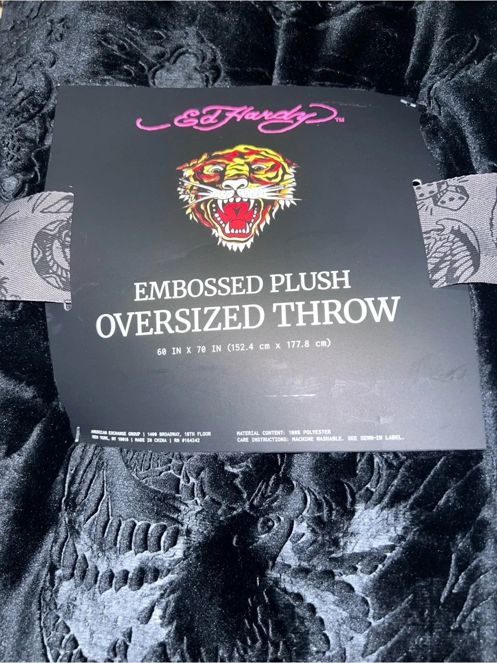 Ed Hardy Black Tigers & Logos Embossed Oversized Plush Throw Blanket 60